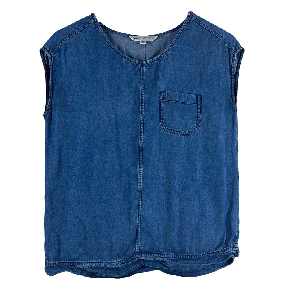 DE Collection Womens XS Blue Lyocell Sleeveless Denim Look Bubble Hem Blouse Top